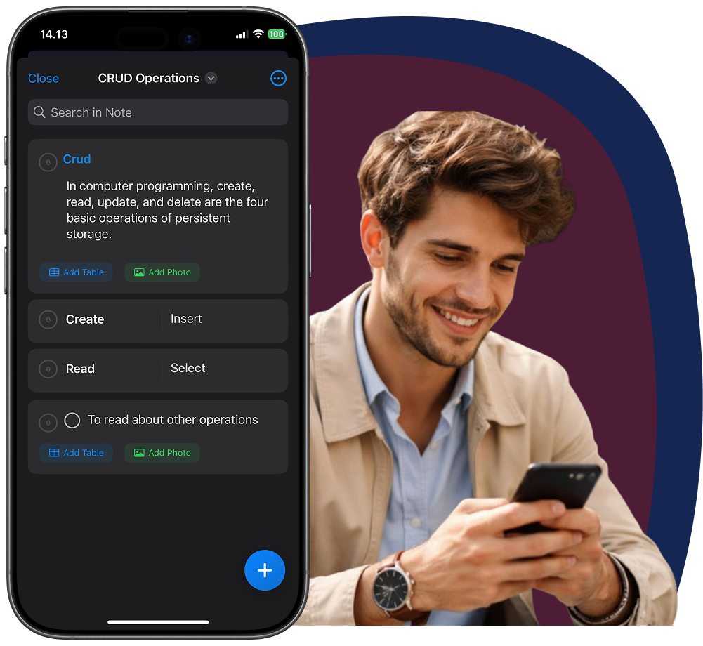 Block based editor in a smart note taking app. Noteverse. A man is looking happily while taking his notes